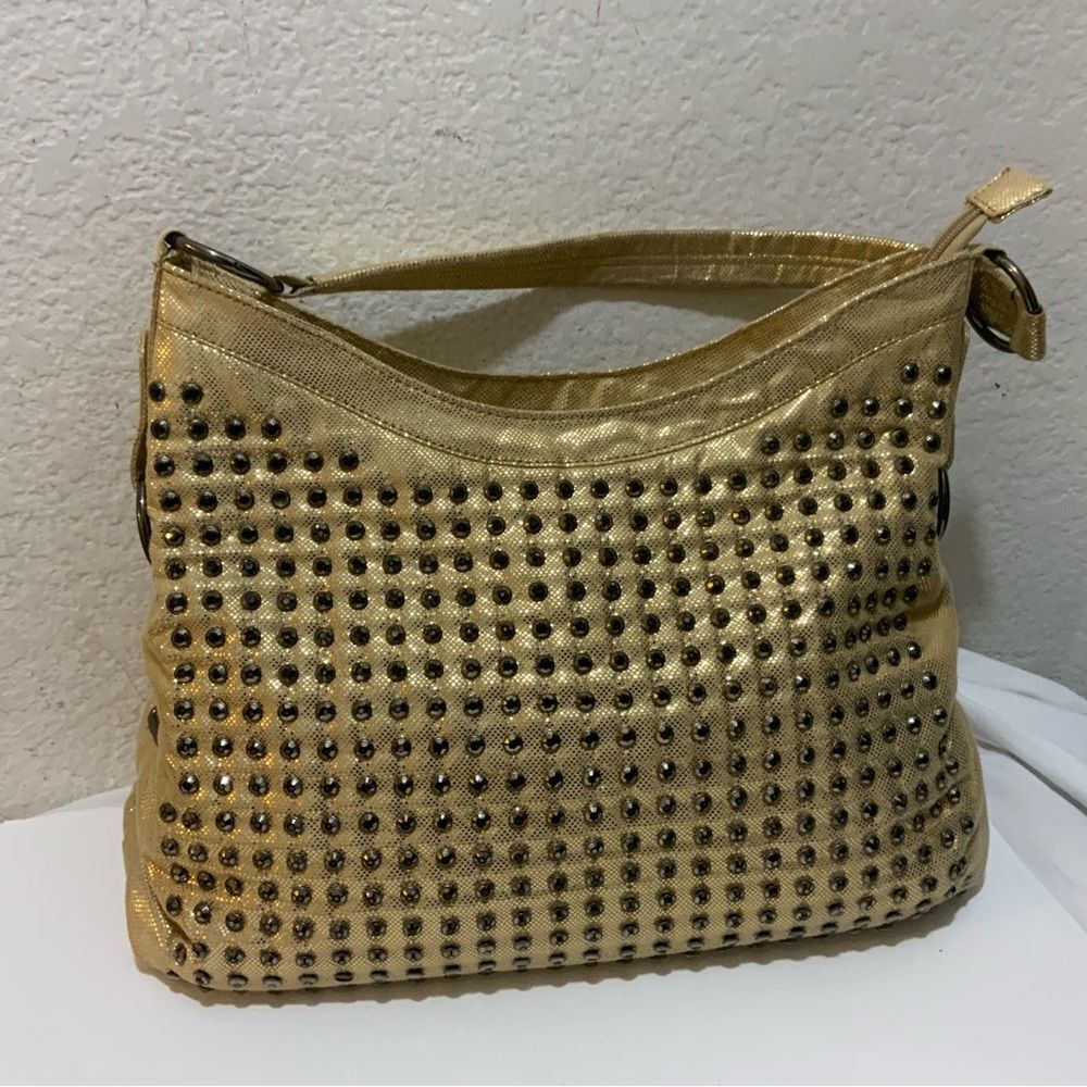 New LATIQUE purse pretty gold metallic studded shoulder bag canvas HOBO - Picture 2 of 10